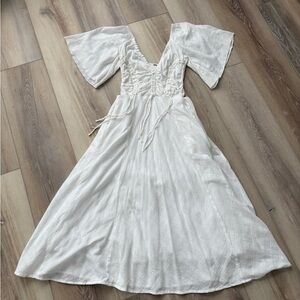 Free People White Lace-Up Smocked Maxi Dress